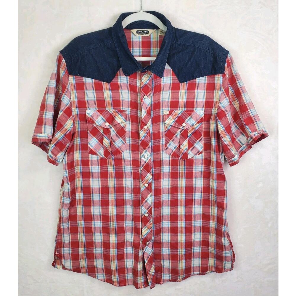 Salt Valley Plaid Pearl Snap Rockabilly Western Cowboy Shirt XL Short Sleeve